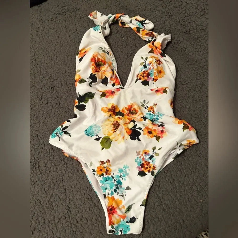 COPY - Floral halter top one piece swimsuit - Picture 1 of 3